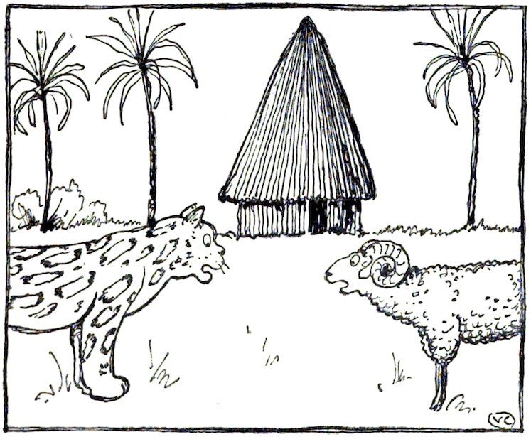 Black and white line drawing of a leopard and a ram facing each other before a thatched hut with a pointed roof and palm trees.