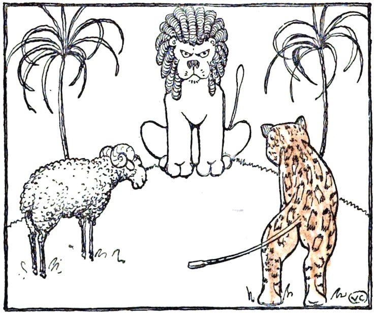 Black and white line drawing of a grumpy lion sitting centrally between two palm trees, facing a ram and a leopard standing below.