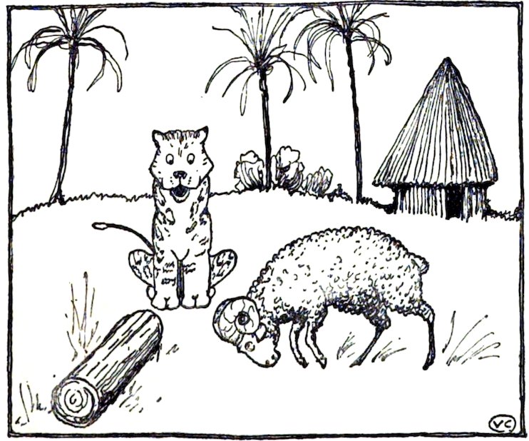 Black and white line drawing of a leopard sitting upright near a single log, watching a ram headbutt the ground near a thatched hut.