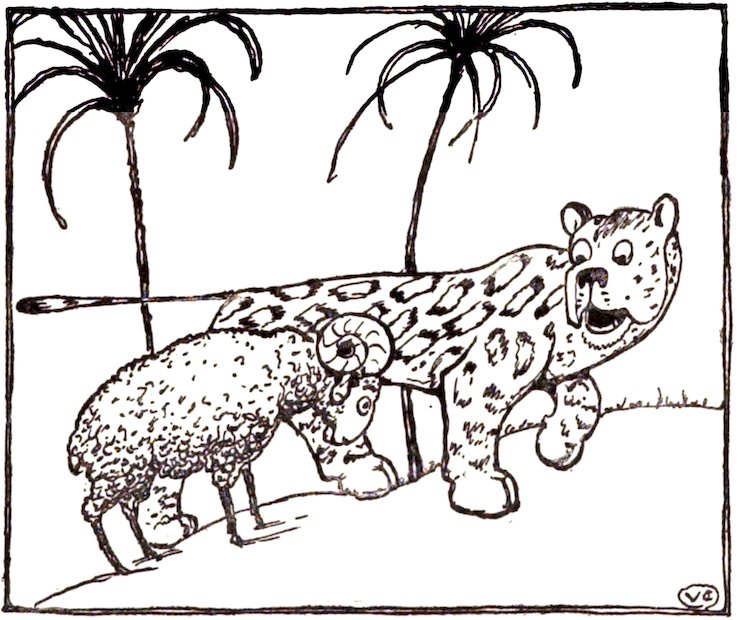 Black and white line drawing of a ram headbutting a wide-eyed leopard in the side, with palm trees in the background.