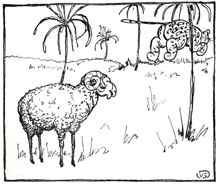 Black and white line drawing of a ram standing in a grassy clearing, watching a leopard flee into the background past palm trees.