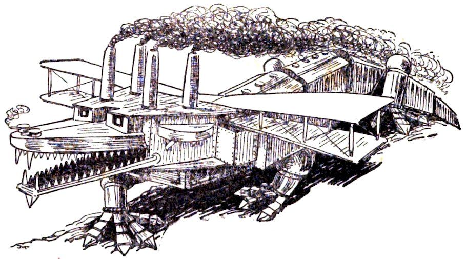 Detailed black and white line drawing of a mechanical dragon built like a steamship or train, with smokestacks, biplane wings, and riveted metal plates.