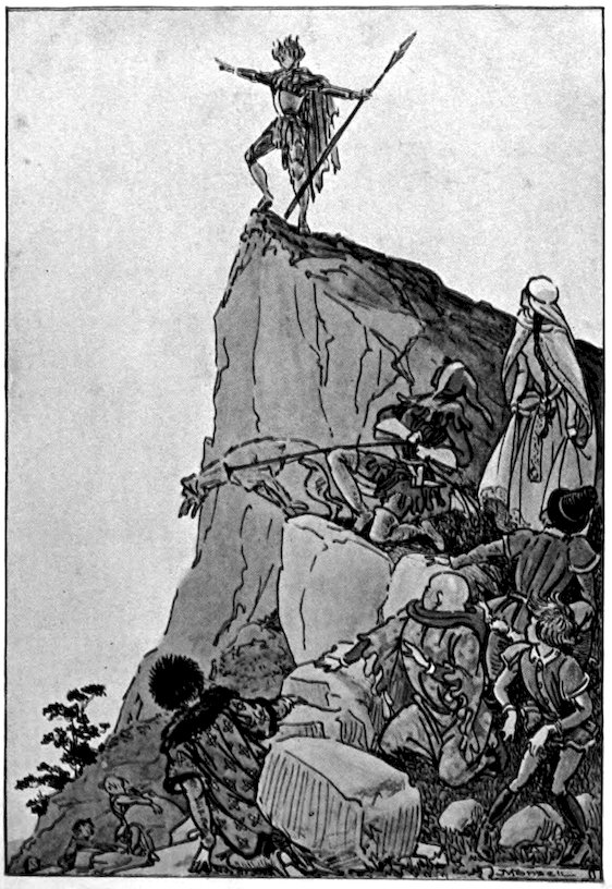 Monochrome historical illustration of a warrior standing on a steep cliff peak holding a spear, while a diverse group below climbs up the rocky slope.