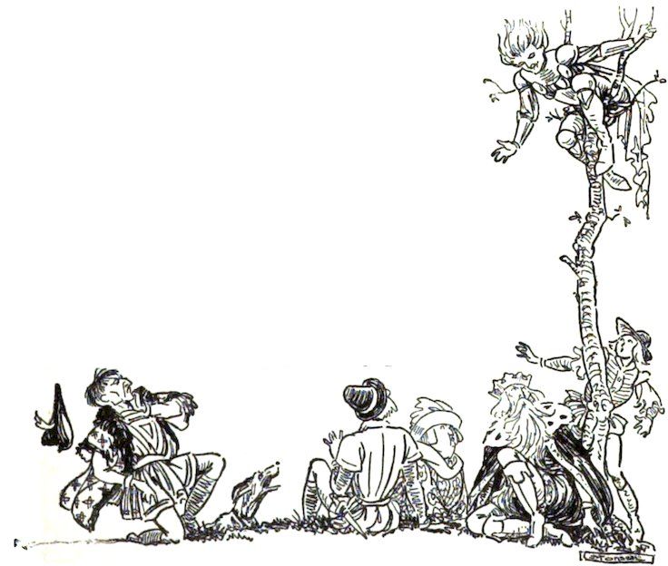 Black and white line drawing of a group on the ground looking up at a fairy-like figure perched high in a slender tree.