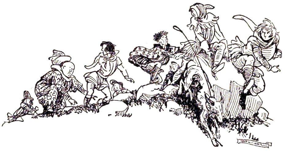 Black and white line drawing of a chaotic group of historical figures and a dog scrambling frantically up a grassy hill slope.