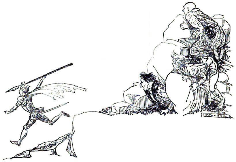 A line drawing of a knight in armor charging with a spear away from three figures huddled behind rocks.
