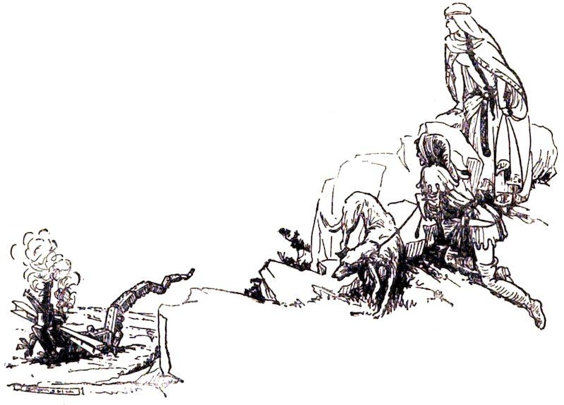 Black and white line drawing of a woman, a man, and a dog on a rocky hill, looking toward smoking debris across a gap.