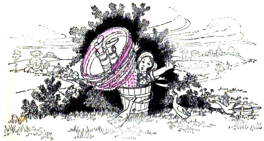 Whimsical illustration of a girl tumbled upside down into a wooden wash tub with her frilly petticoats and legs in the air, surrounded by geese.