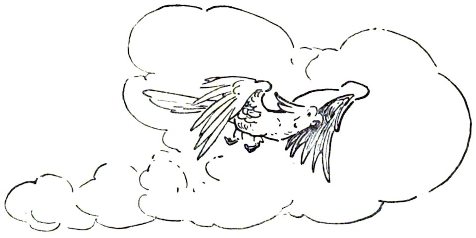 Black and white line drawing of a bird flying through a large, fluffy cloud.