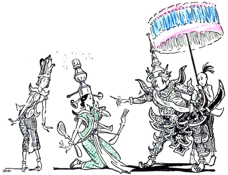 A stylized line drawing featuring two female figures adorned with household items, like a teapot and utensils, interacting with a regal, elaborately dressed figure holding a large ceremonial umbrella.