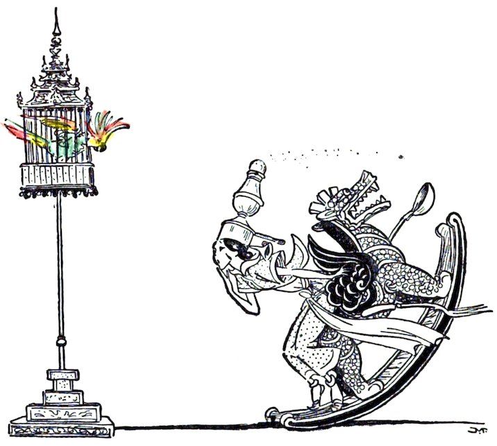 A figure with a salt shaker head rides a rocking chair toward a bird in an ornate cage.