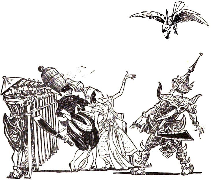 A figure with a salt shaker head gestures toward a bird while facing an armed figure, alongside a line of soldiers.