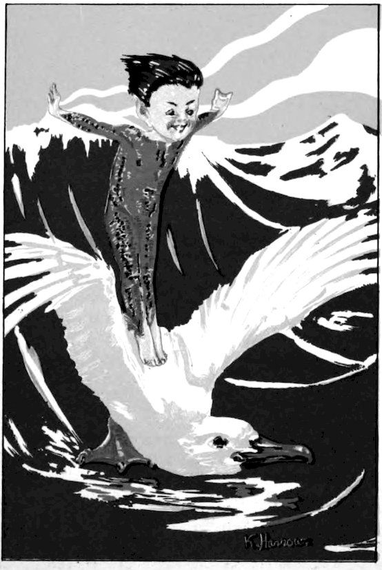 A black-and-white illustration depicting a small, joyful child standing atop a large, swimming white bird, with mountains in the background.