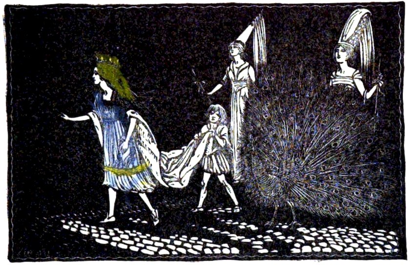 A dark, high-contrast illustration featuring a queen walking on a cobblestone path, followed by a child carrying her train, attendants, and a majestic peacock.