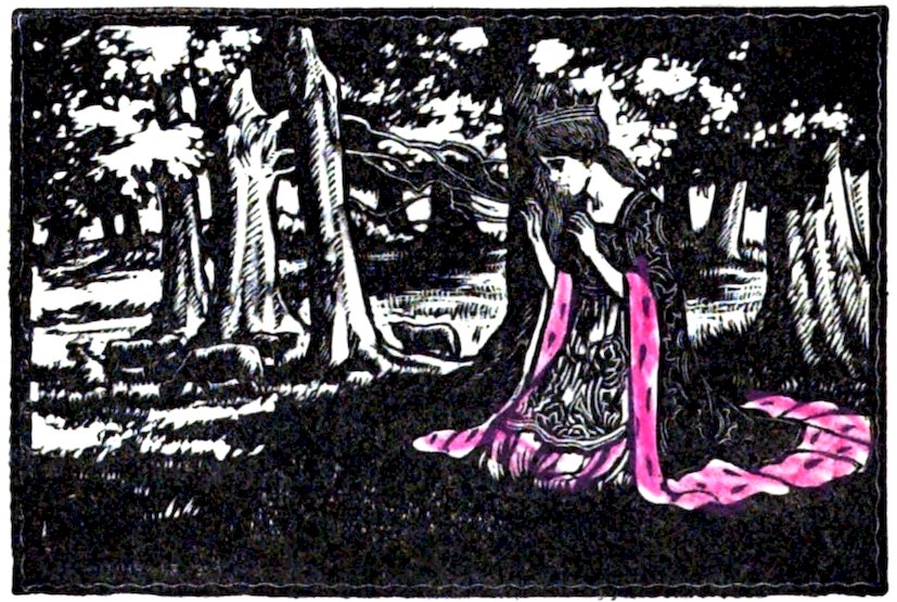 A high-contrast, dark illustration of a queen in a flowing gown with a bright pink trim, kneeling in a wooded area near grazing sheep.