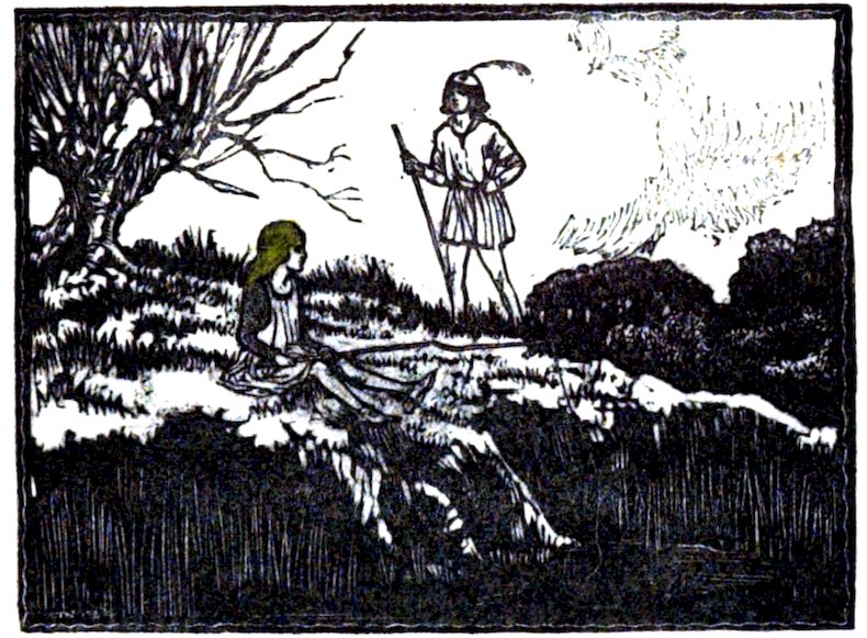 A black-and-white illustration of a young girl sitting on a grassy hill near a bare tree, looking up at a boy standing nearby holding a staff.
