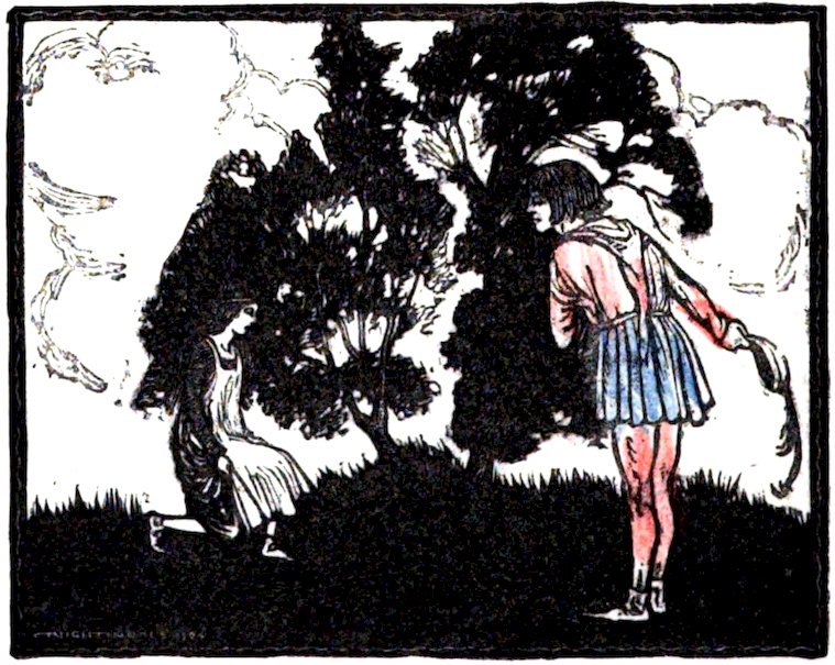 A dark, stylized illustration depicting a girl kneeling near a tree, looking toward a standing boy who is gesturing with a cloth.