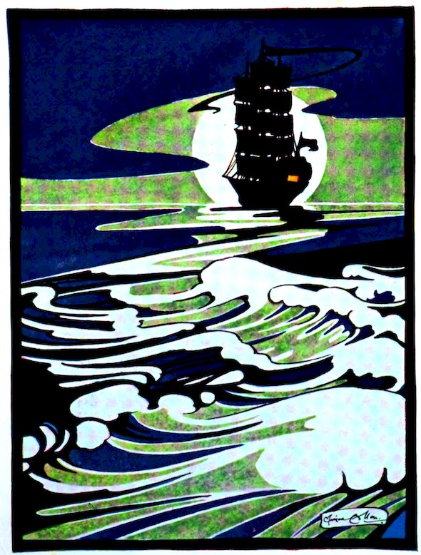 A stylized, high-contrast illustration of a dark ship silhouetted against a large, bright moon above churning ocean waves.
