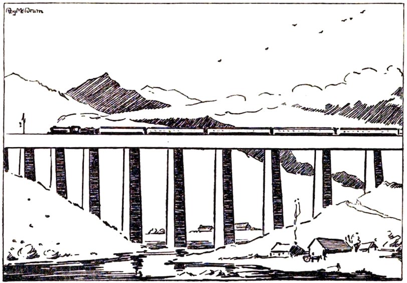 A black-and-white line drawing showing a long train crossing a tall viaduct bridge over a valley with mountains and small houses below.