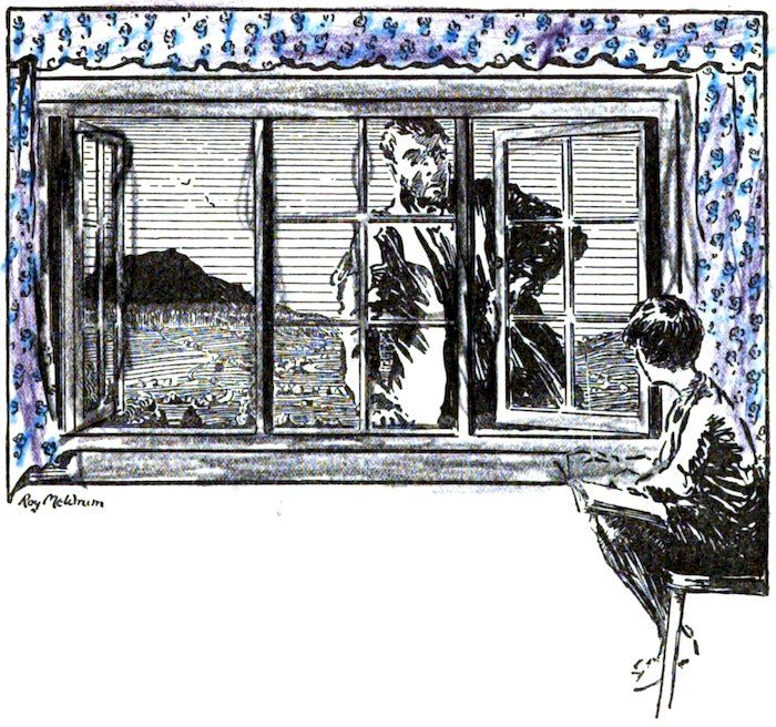 A person sits reading while looking toward a window, where a man appears to be standing and gazing inward from the outside.