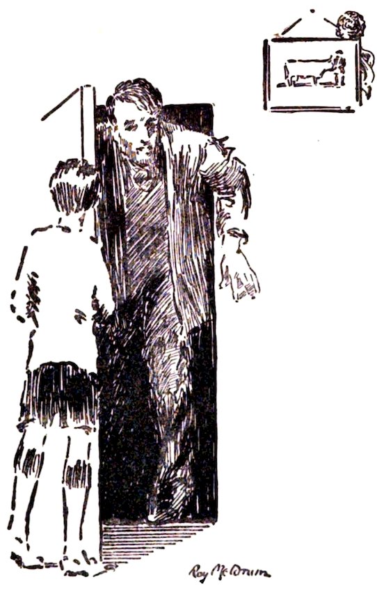 A man stands in a doorway, looking down toward a person standing in front of him, with a small framed picture of a cow on the wall.