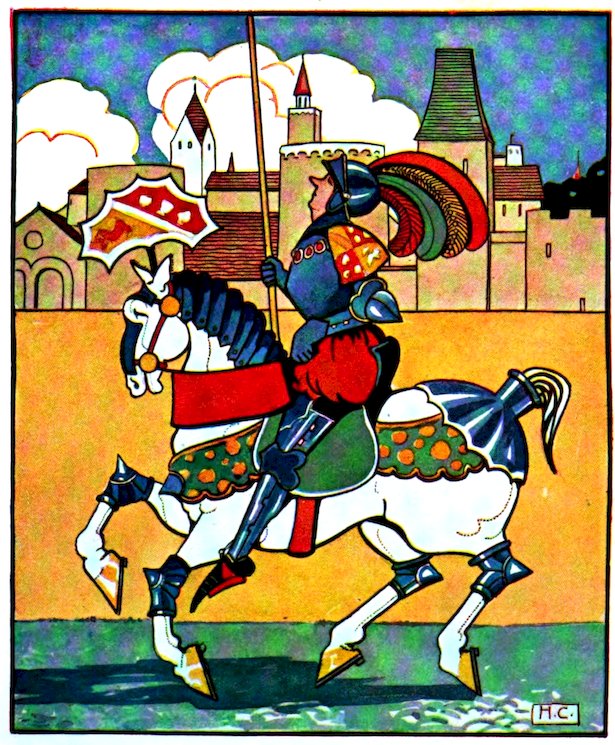 A colorful, stylized illustration of a knight in full armor riding a white horse in front of a castle.