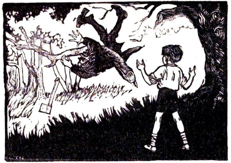 A black-and-white illustration depicting a man falling backward in a forest as a boy watches, with an axe lying on the ground nearby.