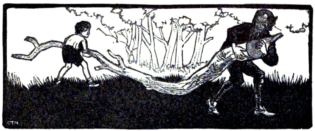 A black-and-white illustration of a boy and an older, bearded man working together to carry a long, fallen tree branch across a field.