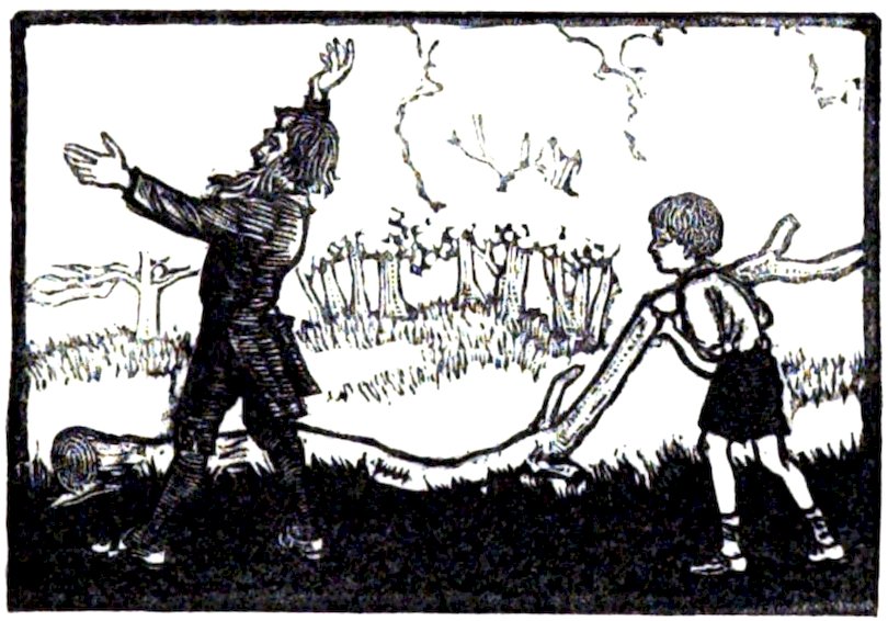 A black-and-white illustration of a boy dragging a log while an older man stands nearby with his arms raised, as if gesturing or exclaiming.