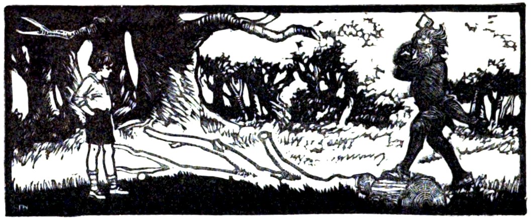 A black-and-white illustration of a boy standing in a forest watching an older, bearded man who is dragging a log along the ground.