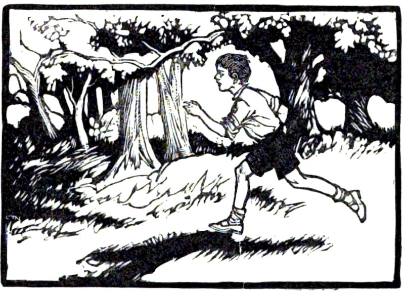 A black-and-white illustration of an older, bearded man leaning against a tree while a young boy stands nearby, watching him.