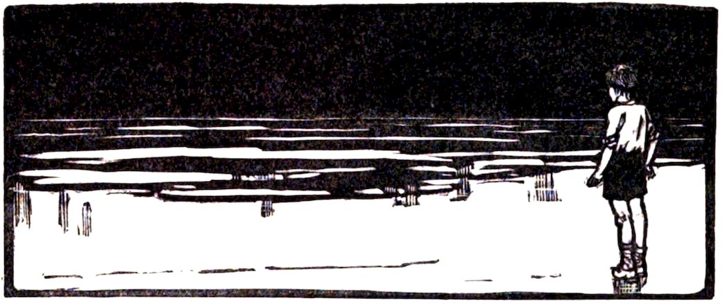 A high-contrast illustration of a small boy standing at the edge of a dark, expansive body of water, looking out into the distance.