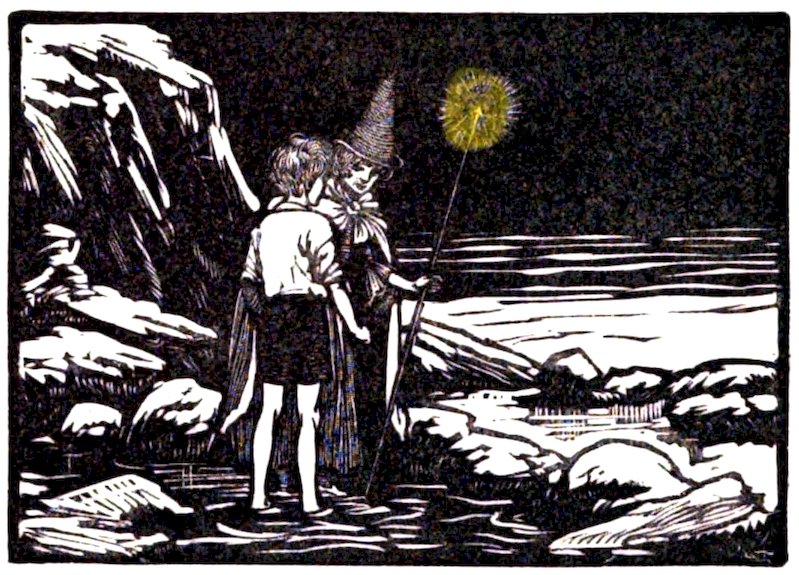 A dark, atmospheric illustration of a young boy standing in a rocky, water-filled area with a figure dressed in a pointed hat and cloak who is holding a staff tipped with a glowing light.