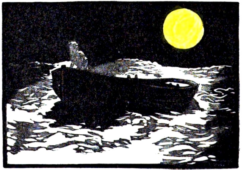 A high-contrast illustration of a dark boat on water under a bright yellow moon.