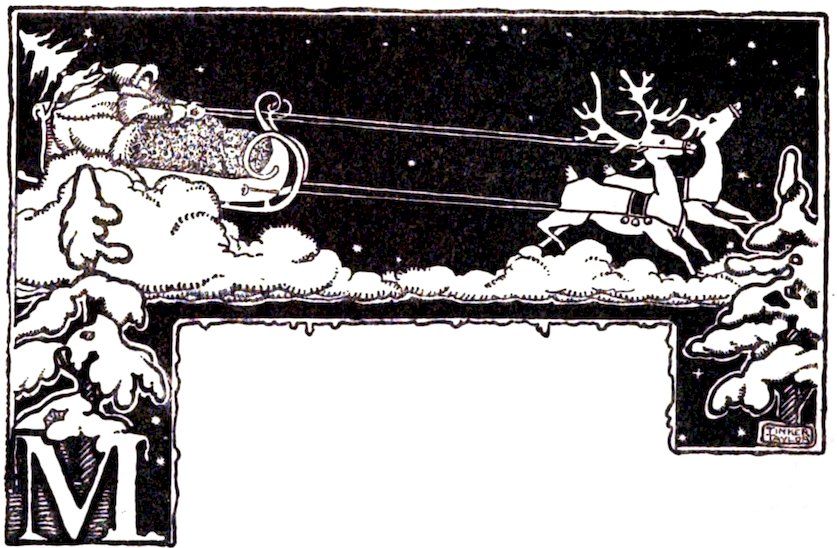 A high-contrast, black-and-white illustration of Santa Claus riding in a sleigh pulled by two reindeer across a starry night sky.