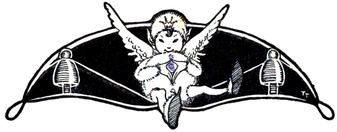 A stylized illustration of a winged, fairy-like creature with a small crown sitting centered in a black, arched frame, with two small, domed structures placed on either side.