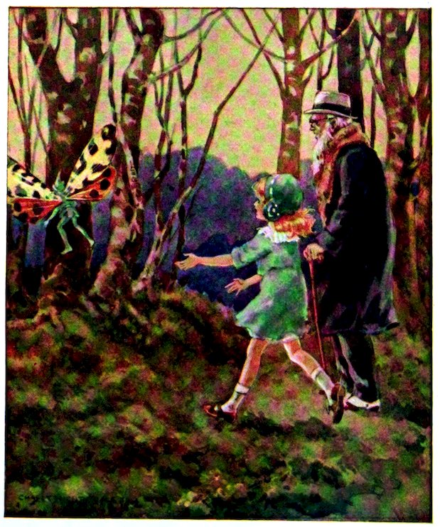 A colorful illustration of a young girl and an older, bearded man in a hat walking through a forest, where they encounter a large, spotted butterfly-like creature.