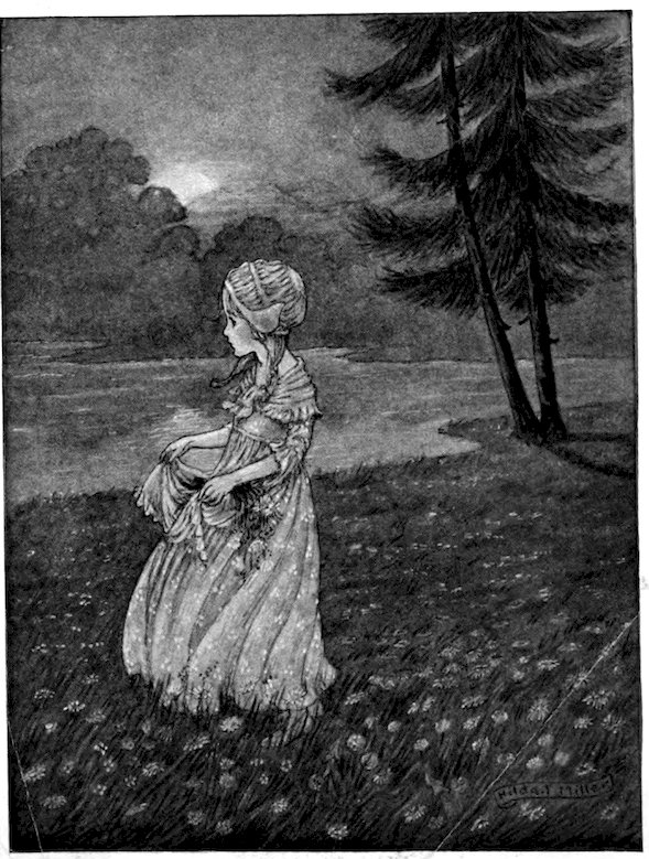 A monochrome, atmospheric illustration of a young girl in a long dress walking through a meadow of flowers by a body of water at dusk, with tall pine trees in the background.
