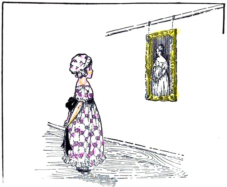 A delicate, lightly colored illustration of a young girl wearing a patterned dress and bonnet, standing and looking up at a framed portrait of a woman hanging on a wall.