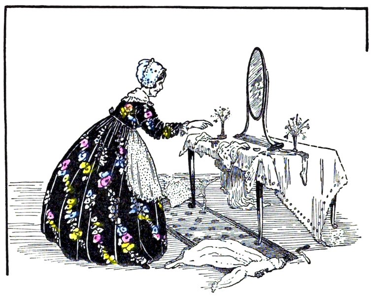 A delicate, lightly colored illustration of a woman in a floral dress and bonnet standing at a vanity table, reaching toward a small object while a piece of clothing lies on the floor.