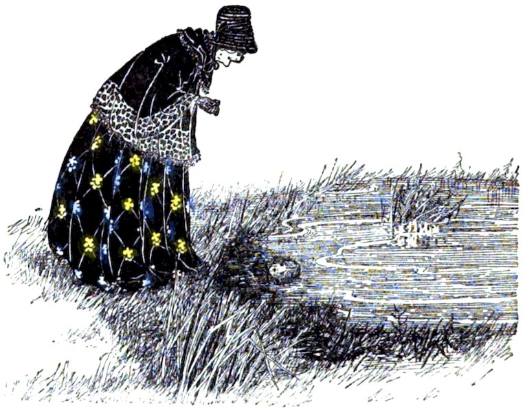 A delicate, lightly colored illustration showing a woman in a dark, floral-patterned dress and a bonnet standing at the grassy edge of a pond, looking down at a small figure or object partially submerged in the water.