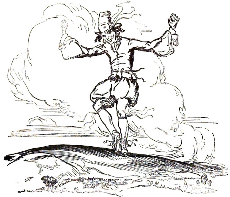 A stylized, whimsical illustration of a man dressed in historical-style clothing, including a hat and puffed breeches, dancing or leaping high above a landscape with hills and a small village in the distance.