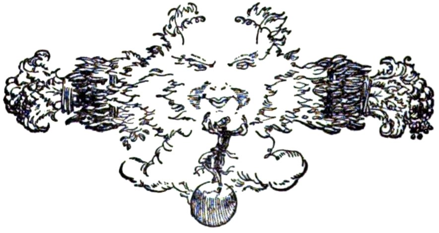 A decorative, symmetrical illustration featuring a central, somewhat abstract face surrounded by swirling, leaf-like ornamentation, with a small figure dancing atop a globe positioned below the face.