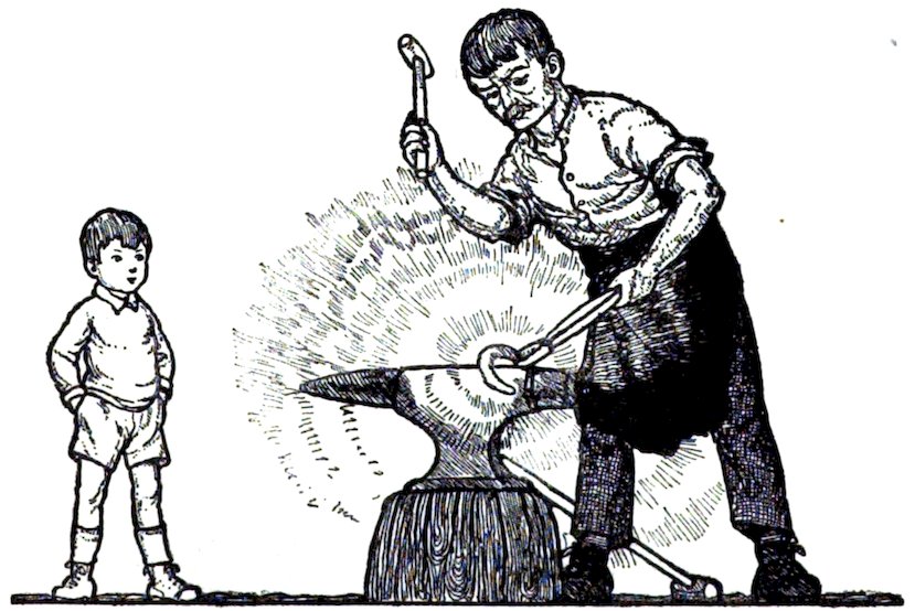 A black-and-white illustration of a blacksmith working at an anvil with a hammer, while a young boy stands nearby observing the process.