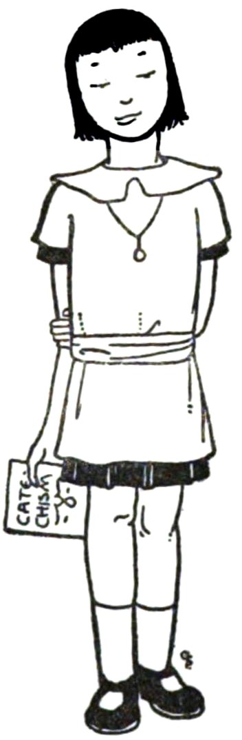 A simple, black-and-white line drawing of a young girl standing with her eyes closed, wearing a dress and necklace, while holding a book labeled "CATECHISM".