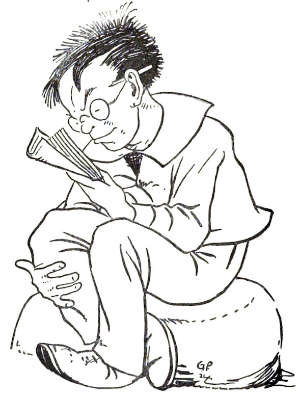 A black-and-white line drawing of a man with disheveled hair and round spectacles, sitting on a rounded object and hunched over while intently reading a small book.