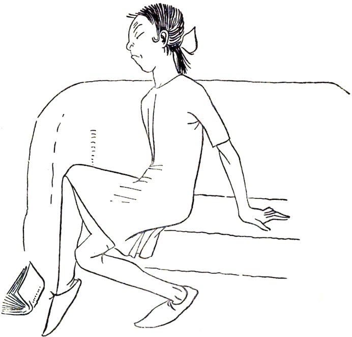 A simple, black-and-white line drawing depicting a girl with her hair tied back, sitting on a couch with an annoyed or pained expression, with an open book lying on the floor nearby.