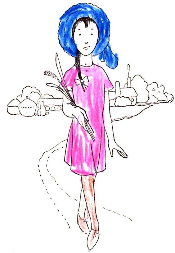 A partially colored line drawing of a young girl with a dark braid, wearing a blue bonnet and a pink dress, walking along a path while holding a small bundle of wheat.