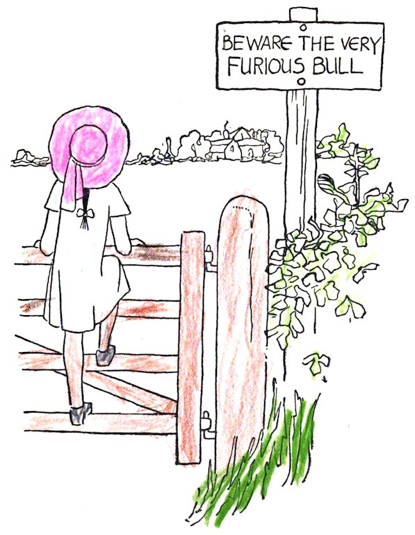A partially colored line drawing of a young girl in a pink sun hat standing on a wooden fence, looking toward a sign that reads "BEWARE THE VERY FURIOUS BULL."
