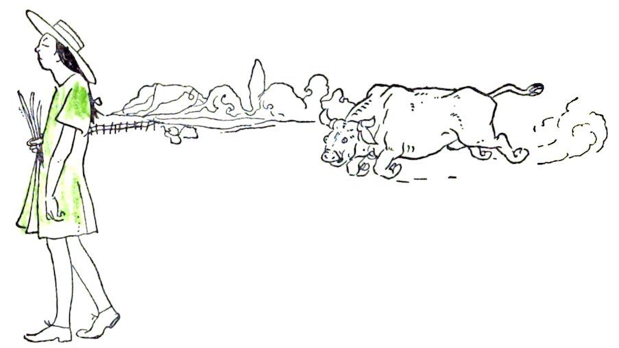 A partially colored line drawing showing a young girl in a sun hat walking while holding wheat, unaware that a bull is running towards her from behind in the field.